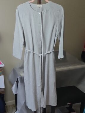 Eileen Fisher Light Gray Silver Sparkle Button-Front Belted Long Dress